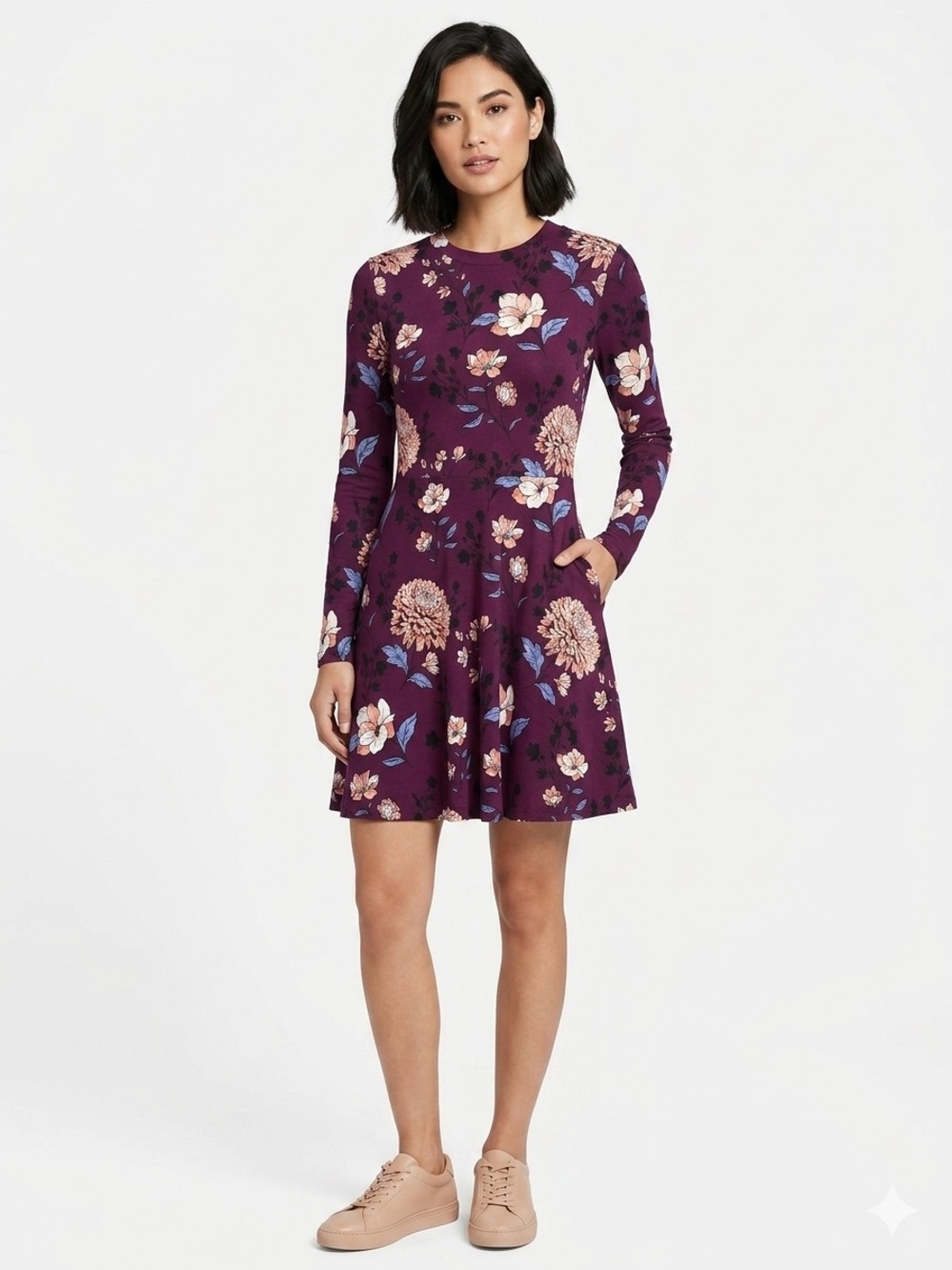 Forever 21 NWOT Plum Floral Long-Sleeve Fit & Flare Dress Stretchy Comfy